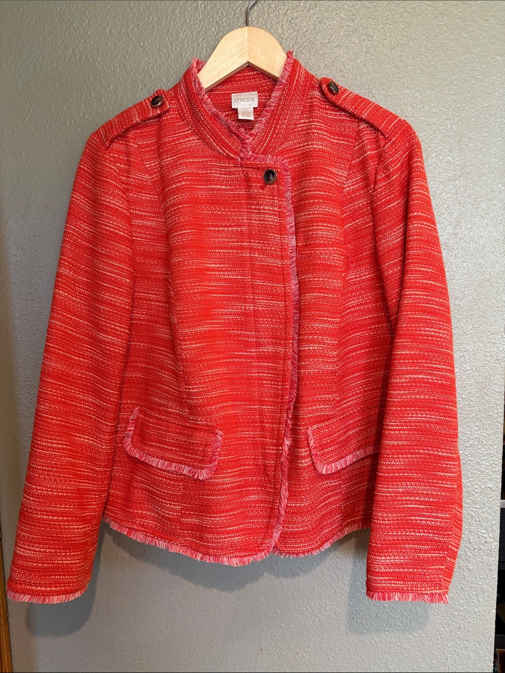 Chico's Size 2 (12-14) Coral Fringe Trim Blazer